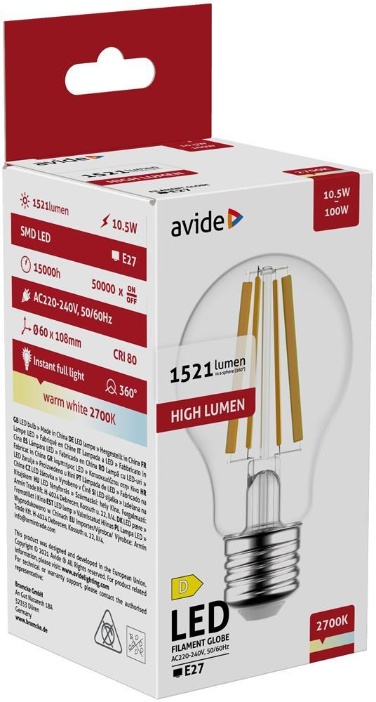 Avide LED Filament Globe 10.5W E27 A65 WW 2700K High Lumen - Avide