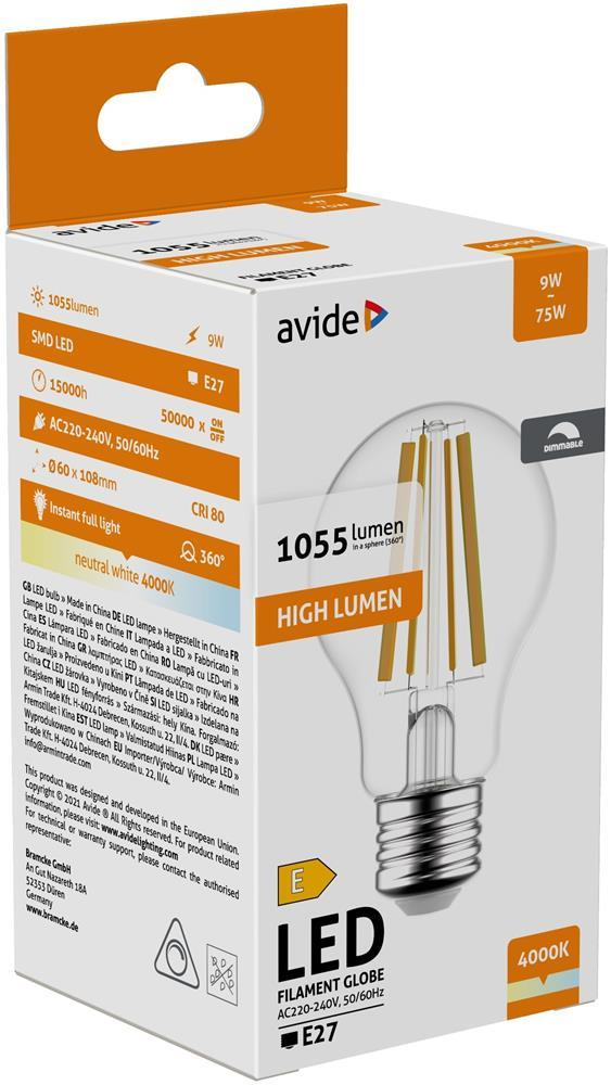 Avide LED Filament Globe 9W Dimmbar E27 NW 4000K - Avide
