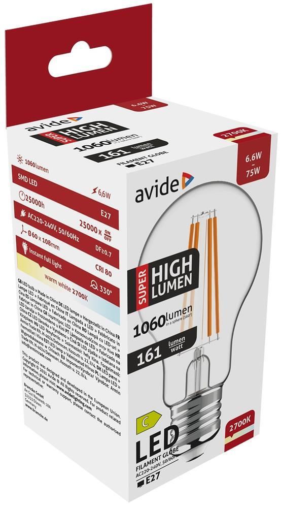 Avide LED Filament Globe 6.6W E27 A60 WW 2700K Super High Lumen - Avide