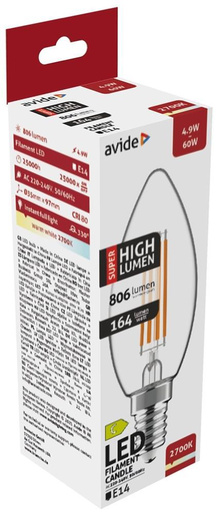 Avide LED Filament Candle 4.9W E14 WW 2700K Super High Lumen - Avide