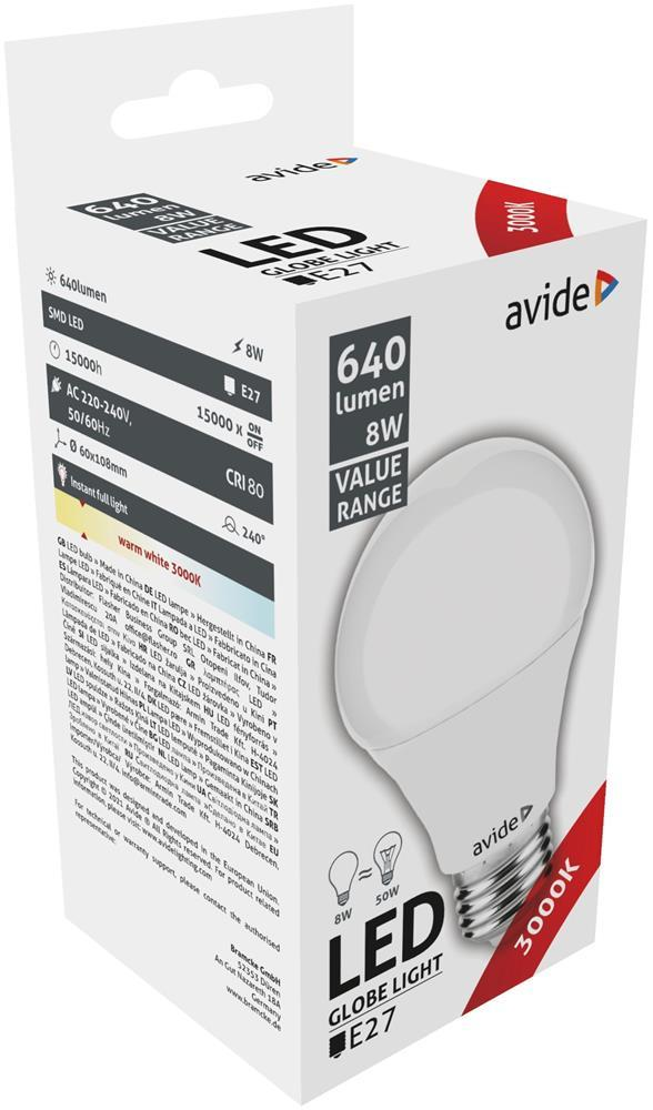 Avide Value LED Globe E27 8W WW 3000K - Avide