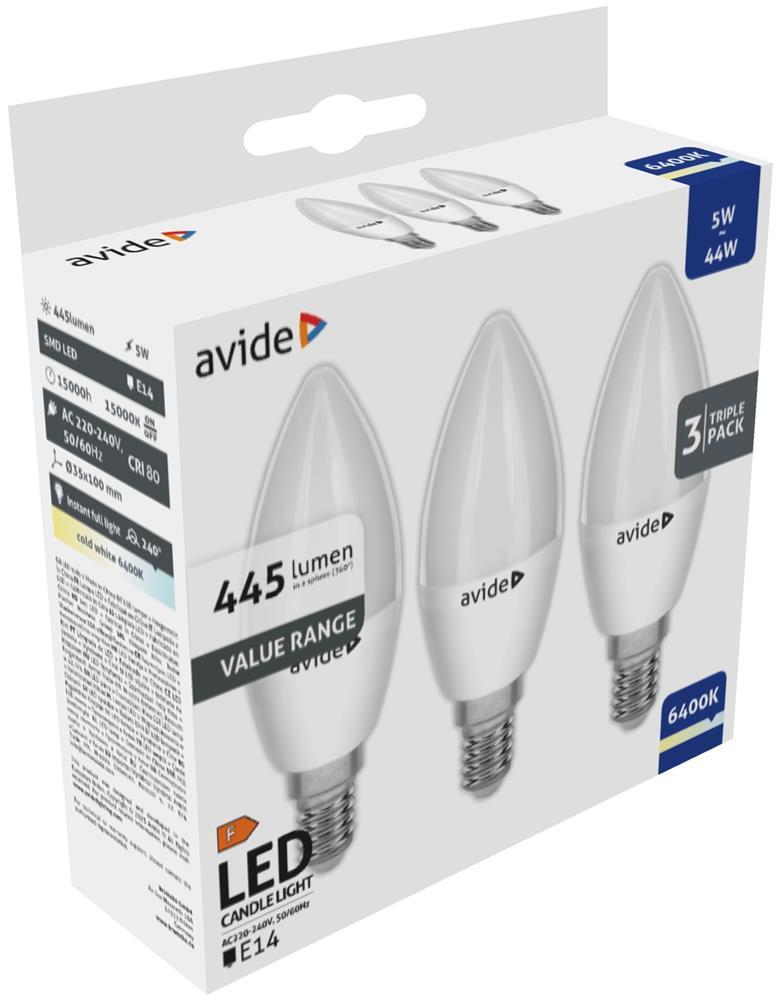 Avide Value LED Candle E14 5W CW 6400K Dreierpack - Avide
