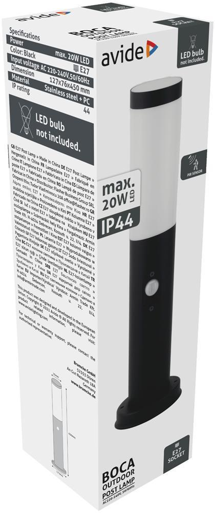 Avide Außen-Pollerleuchte Boca 1xE27 PIR 450mm IP44 Schwarz - Avide