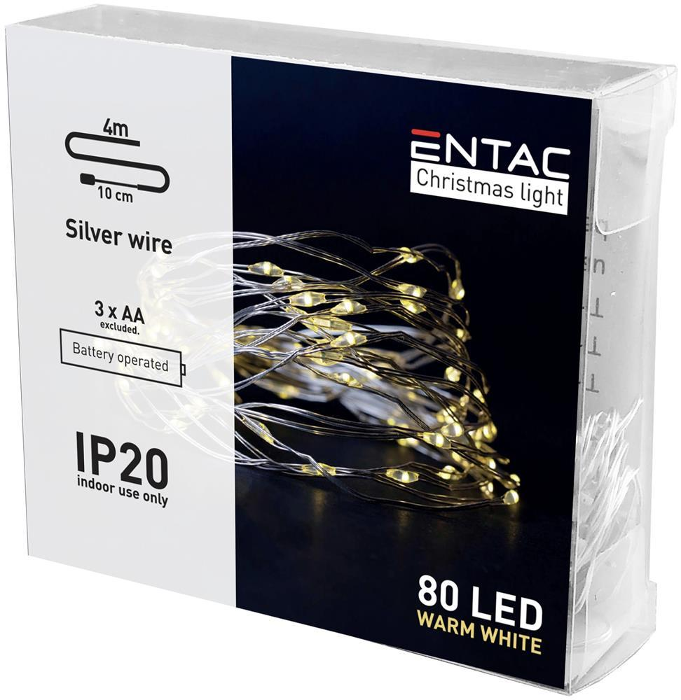 Entac Christmas Indoor Silver Wire 80 LED Light WW 4,1m (3AA excl.) - Entac
