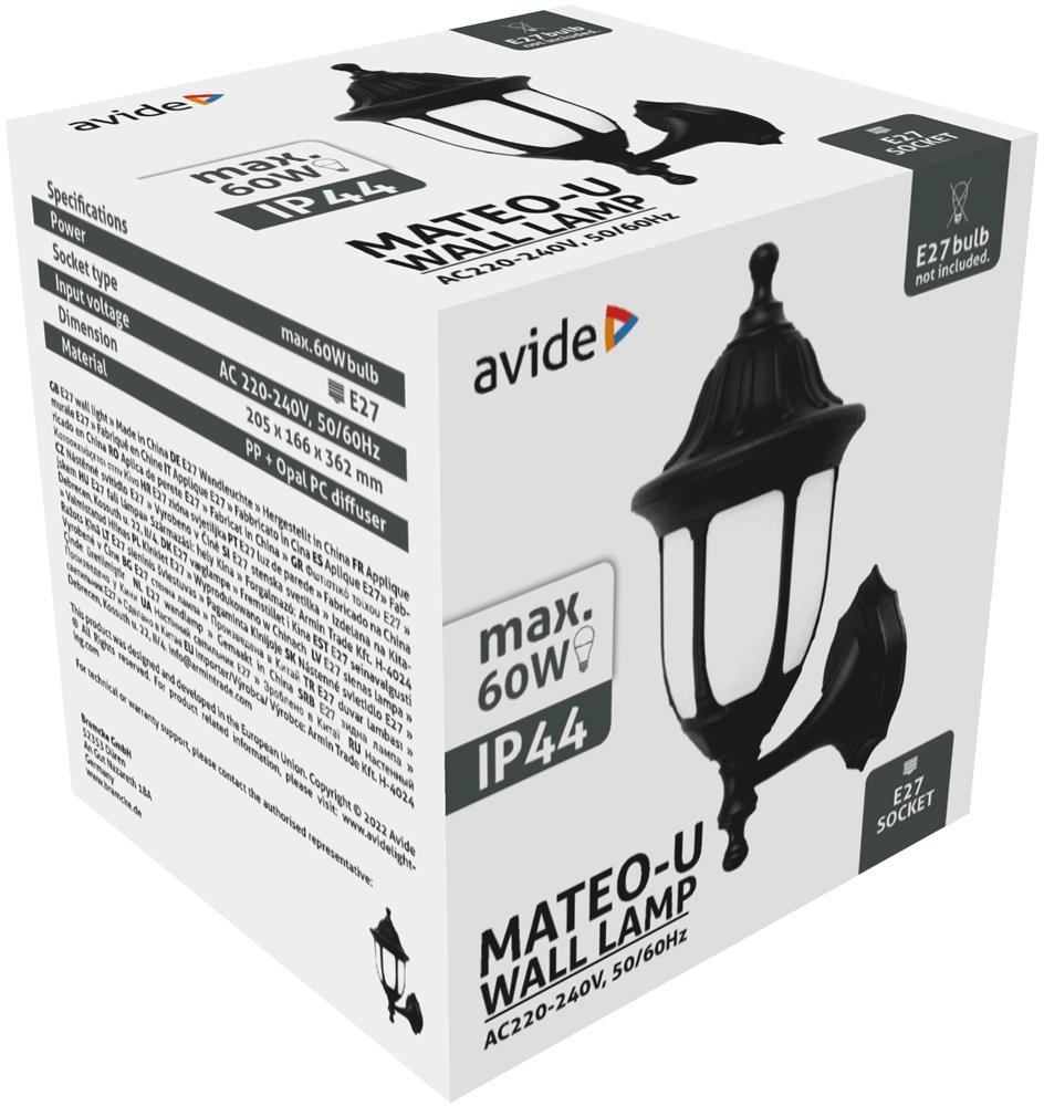 Avide Außenwandleuchte Mateo-U 1xE27 Schwarz IP44 - Avide