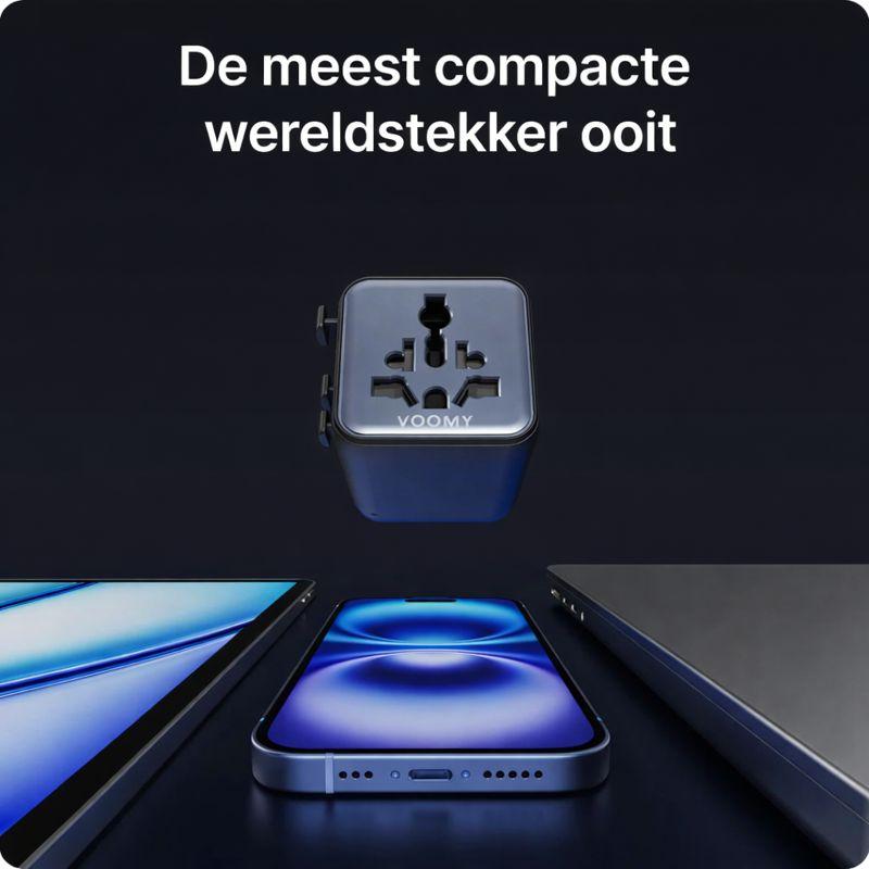 Voomy Travel Y601 - Universele reisstekker - 170+ Landen - 2500W - Wereldstekker - Space grey/blauw - Voomy