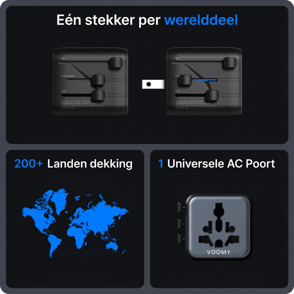 Voomy Travel Y601 - Universele reisstekker - 170+ Landen - 2500W - Wereldstekker - Space grey/blauw - Voomy