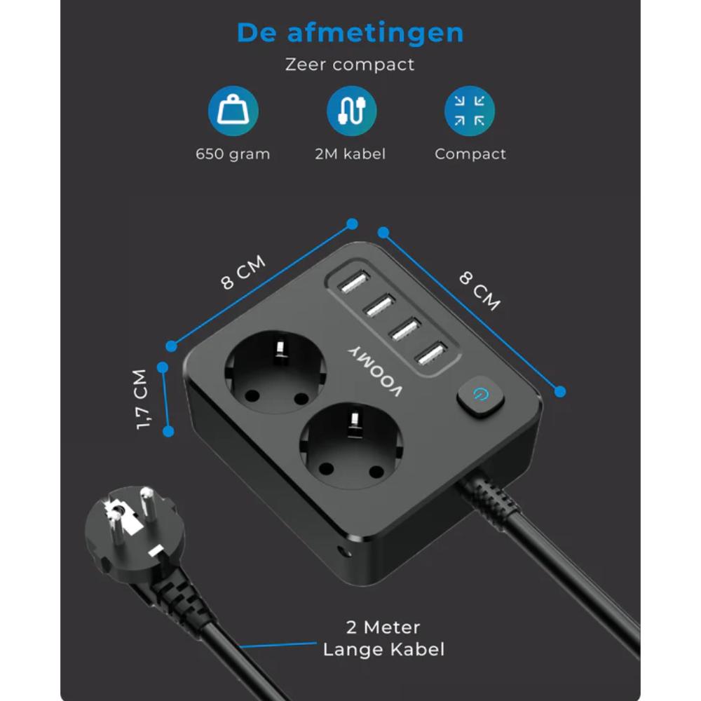 Steckdosenleiste 2-fach mit 4× USB-A Anschluss und Netzkabel