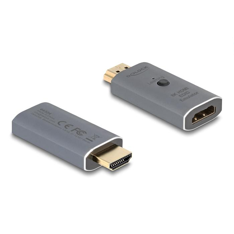 HDMI™ EDID-Emulator HDMI A Stecker → HDMI A Buchse – HDMI™ 2.1 – 8K@60HzrnDieser HDMI™ EDID-Emulator simuliert ein angeschlossenes Display, indem er der Quelle feste oder gespeicherte EDID/DDC-Daten anbietet. Dadurch bleibt das Videosignal aktiv und die eingestellte Auflösung wird beibehalten, auch wenn kein Monitor angeschlossen ist. Der Emulator kann Standard-EDID-Daten verwenden oder die EDID-Daten eines angeschlossenen Monitors auslesen und speichern.rnrnEingängern1× HDMI A Stecker (19-polig).rnrnAusgängern1× HDMI A Buchse (19-polig).rnrnBild- und VideounterstützungrnMaximale Auflösung: 7680 × 4320 bei 60 Hz. Die erreichbare Auflösung hängt von der Quelle und der angeschlossenen HDMI™-Ausrüstung ab.rnrnHDMI-LevelrnHDMI™ 2.1.rnrnFarb- und BildformaternUnterstützung für HDR-Signale gemäß den Möglichkeiten der angeschlossenen Geräte.rnrnSicherheitrnUnterstützung für HDCP-Sicherheit.rnrnBedienung und AnzeigernSchaltfläche für EDID-Funktionalität. LED-Anzeige zur Statusanzeige.rnrnStromversorgungrnStromversorgung über HDMI™-Anschluss.rnrnAusführungrnMetallgehäuse. Anthrazitfarbene Ausführung.rnrnSpezifikationenrn• Produkttyp: HDMI™ EDID-Emulatorrn• Eingang: 1× HDMI A Stecker (19-polig)rn• Ausgang: 1× HDMI A Buchse (19-polig)rn• HDMI-Version: HDMI™ 2.1rn• Max. Auflösung: 7680 × 4320 @ 60 Hzrn• HDR-Unterstützung: Jarn• HDCP-Unterstützung: Jarn• Bedienung: Druckknopfrn• Anzeige: LEDrn• Gehäuse: Metallrn• Farbe: Anthrazitrn• Abmessungen (L×B×H): 54,8 × 23,3 × 10,8 mmrnrnErläuterung der verwendeten Begriffern• EDID: Datenstruktur, in der ein Display seine unterstützten Auflösungen und Eigenschaften an die Quelle kommuniziert.rn• DDC: Kommunikationskanal innerhalb von HDMI™, über den EDID-Daten zwischen Quelle und Display ausgetauscht werden.rn• HDMI™ 2.1: HDMI™-Spezifikation mit Unterstützung für Auflösungen bis 8K bei höherer Bandbreite.rn• 7680 × 4320 @ 60 Hz: Bildauflösung von 7680 × 4320 Pixeln mit einer Bildwiederholrate von 60 Bildern pro Sekunde.rn• HDR: Bildtechnik mit größerem Dynamikbereich zwischen hellen und dunklen Bereichen, sofern von der Ausrüstung unterstützt.rn• HDCP: Sicherheitsprotokoll zum Schutz digitaler Bild- und Audiosignale.rn• EDID-Emulator: Gerät, das EDID-Daten einer HDMI™-Quelle anbietet, ohne dass ein Display physisch vorhanden sein muss.rn