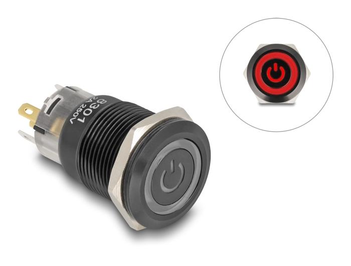 Delock Druckschalter zum Einbau schwarz 19 mm 12 V 5 x Lötanschluss LED rot