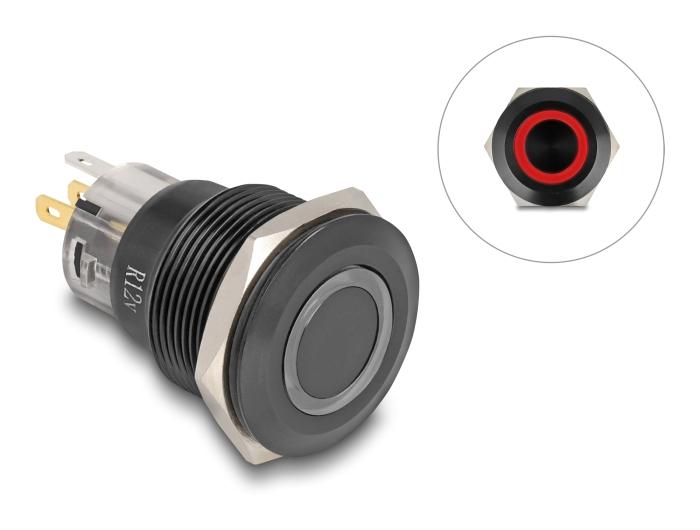 Delock Drucktaster zum Einbau schwarz 22 mm 12 V 5 x Lötannschlüsse LED r