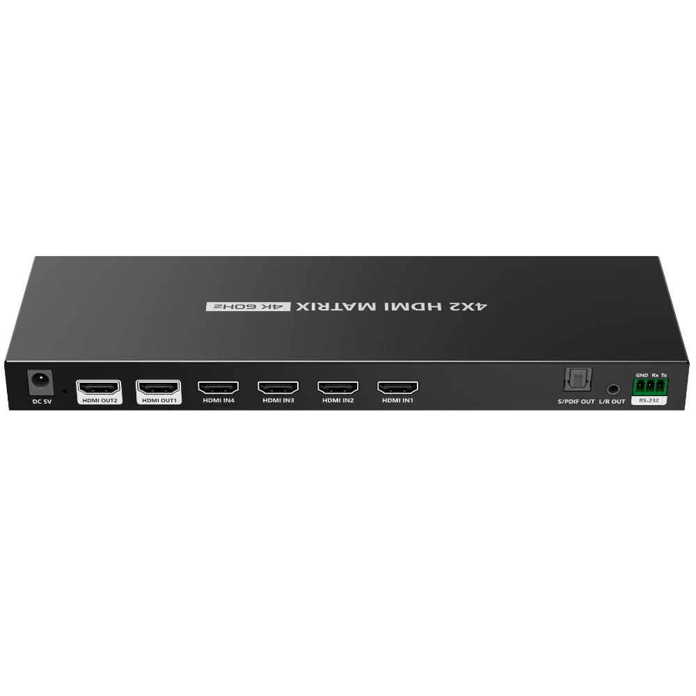 HDMI™-Matrix-Switch 4x HDMI Eingang auf 2x HDMI Ausgang – HDMI™ 2.0 – 4K@60HzrnDieser HDMI™-Matrix-Switch dient zum unabhängigen Umschalten mehrerer HDMI™-Quellen auf zwei HDMI™-Displays. Das Gerät ermöglicht die unabhängige Zuweisung von vier HDMI™-Quellen zu zwei HDMI™-Ausgängen, wobei jeder Ausgang unabhängig konfiguriert werden kann. Beide Ausgänge können gleichzeitig aktiv sein.rnrnHDMI-EingängernDer HDMI™-Matrix-Switch verfügt über 4x HDMI Female Eingänge. An diese Eingänge können HDMI™-Quellgeräte angeschlossen werden, die digitale Audio- und Videosignale liefern, wie z. B. Mediaplayer, Spielkonsolen oder Computer mit HDMI™-Ausgang.rnrnHDMI-AusgängernDer HDMI™-Matrix-Switch verfügt über 2x HDMI Female Ausgänge. Jeder Ausgang kann unabhängig einem der HDMI™-Eingänge zugeordnet werden und gibt das ausgewählte Audio- und Videosignal an einen Fernseher, Monitor oder Projektor weiter.rnrnBild- und VideounterstützungrnDer HDMI™-Matrix-Switch unterstützt Bildauflösungen bis zu 3840 × 2160 @ 60 Hz (4K UHD). Dies entspricht dem HDMI™ 2.0-Standard mit einer maximalen Bandbreite von 18 Gbit/s. Niedrigere Auflösungen werden automatisch durchgelassen, wenn sie von der Quelle angeboten werden.rnrnHDMI-StandardrnHDMI™ 2.0 – Premium High Speed, geeignet für 4K@60Hz Videosignale.rnrnFarb- und BildformaternUnterstützt die Farbformate RGB und YCbCr. Farbtiefen wie YCbCr 4:4:4, YCbCr 4:2:2 und YCbCr 4:2:0 werden innerhalb der HDMI™ 2.0-Spezifikation durchgelassen.rnrnHDR-UnterstützungrnHDR-Signale werden per Pass-through durchgeleitet. Das Videosignal wird unverändert von der Quelle zum Display übertragen, ohne Verarbeitung durch die Matrix.rnrnAudio-UnterstützungrnUnterstützt die digitale Audioübertragung über HDMI™. Audio und Video werden über dieselbe HDMI™-Verbindung zu den ausgewählten Ausgängen geleitet.rnrnSignalverarbeitung und KompatibilitätrnDer HDMI™-Matrix-Switch arbeitet mit transparenter Signalweiterleitung ohne Bildskalierung oder Auflösungsänderung. Die EDID-Kommunikation wird automatisch angewendet, um die Auflösung und die Signalmöglichkeiten zwischen Quelle und angeschlossenen Displays korrekt abzustimmen. HDCP-geschützter Inhalt wird unterstützt, wenn Quelle und Display dies zulassen.rnrnSignalrichtungrnUnidirektional pro Signalroute. HDMI™-Signale werden von der Quelle zum Display geleitet.rnrnStromversorgungrnDas Gerät benötigt eine externe Stromversorgung für einen stabilen Betrieb und die gleichzeitige Signalverarbeitung aller Ports.rnrnAusführungrnDas Gehäuse ist aus Metall. Das Gerät ist für die feste Platzierung geeignet und für den Einsatz in einem Betriebstemperaturbereich von -20 C bis 60 C ausgelegt.rnrnSpezifikationenrn• Marke: Allteqrn• Produkttyp: HDMI™-Matrix-Switchrn• Modell: LK422-AKrn• HDMI-Version: HDMI™ 2.0 – Premium High Speedrn• Eingang: 4x HDMI femalern• Ausgang: 2x HDMI femalern• Max. Auflösung: 3840 × 2160 @ 60 Hz (4K UHD)rn• Max. Bandbreite: 18 Gbit/srn• Farbformate: RGB, YCbCrrn• HDR: unterstützt (Pass-through)rn• HDCP: unterstütztrn• EDID: automatischrn• Gehäusematerial: Metallrn• Betriebstemperatur: -20 C bis 60 Crn• Abmessungen: 250 × 80 × 21 mmrnrnErklärung verwendeter Begriffern• HDMI™-Matrix-Switch: Gerät, mit dem mehrere HDMI™-Quellen unabhängig auf mehrere HDMI™-Ausgänge zugewiesen werden können.rn• HDMI™ 2.0 – Premium High Speed: HDMI™-Standard mit einer maximalen Bandbreite von 18 Gbit/s, geeignet für 4K@60Hz Video.rn• 4K UHD: Videoauflösung von 3840 × 2160 Pixeln.rn• Bandbreite: Maximale Datenmenge pro Sekunde, die über HDMI™ übertragen wird.rn• EDID: Automatische Kommunikation von Auflösungs- und Signalmöglichkeiten zwischen Quelle und Display.rn• HDCP: Sicherheitsprotokoll für geschützten digitalen HDMI™-Inhalt.rn• Pass-through: Weiterleitung von Audio- und Videosignalen ohne Änderung oder Verarbeitung.rn• Unidirektional: Signalübertragung in eine Richtung, von der Quelle zum Display.rn