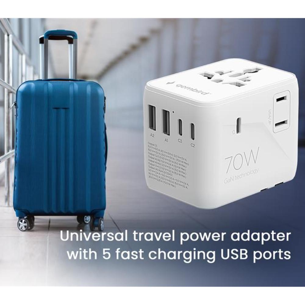 Universaler Reiseadapter mit USB-Ladegerät, 70 W, weiß