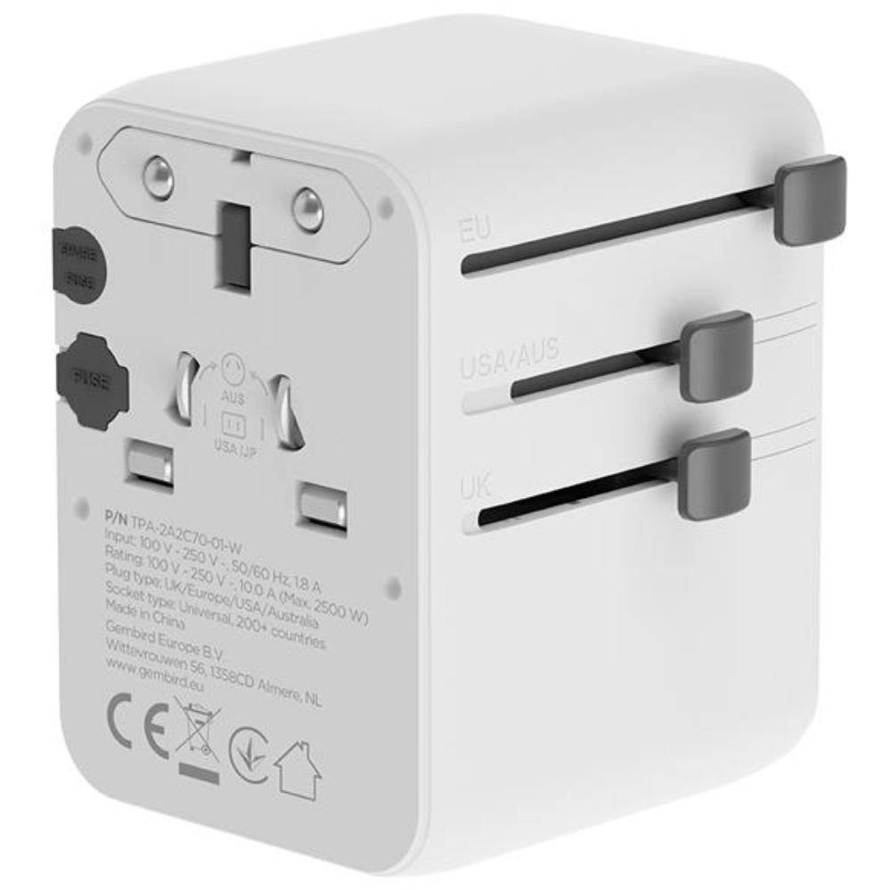 Universaler Reiseadapter mit USB-Ladegerät, 70 W, weiß